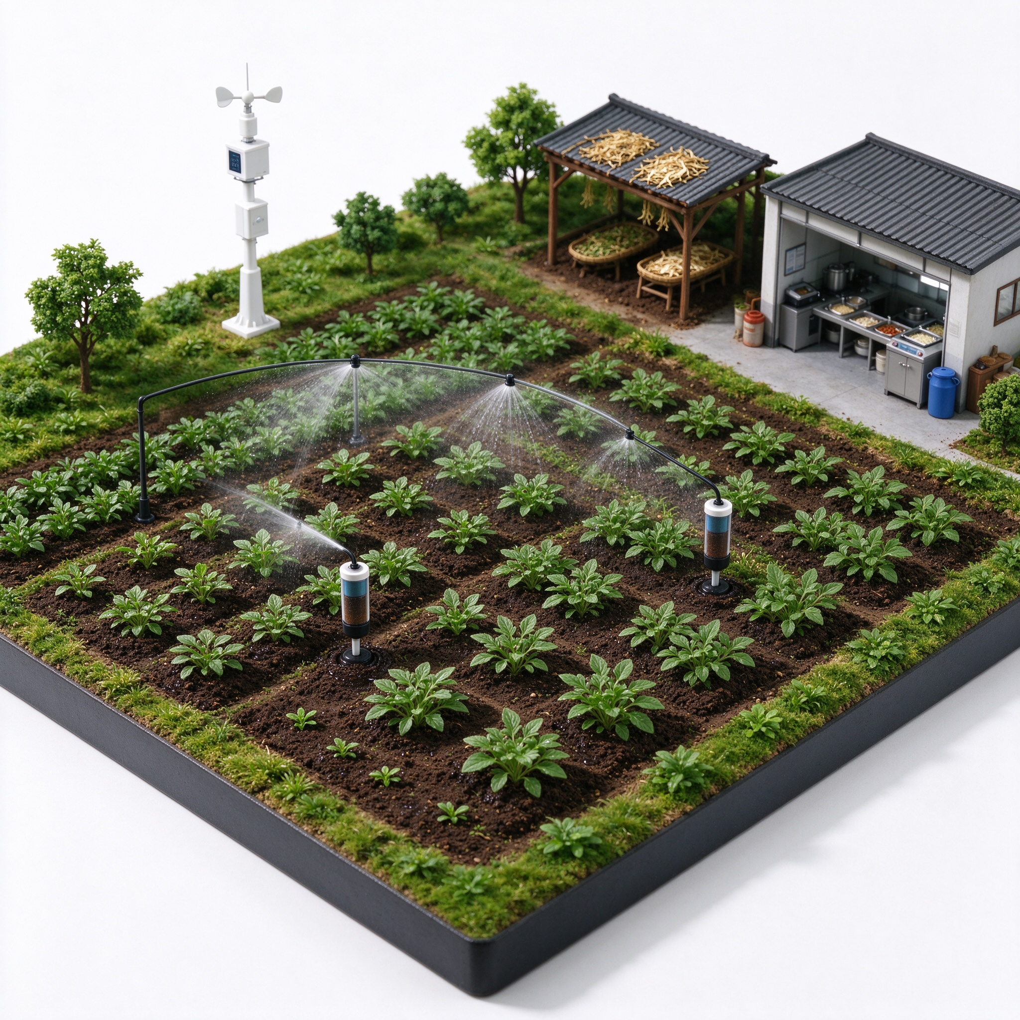Custom Herb & Vegetable Farm Diorama Model | Overhead Sprinkler Boom & Drying Shed Handcrafted
